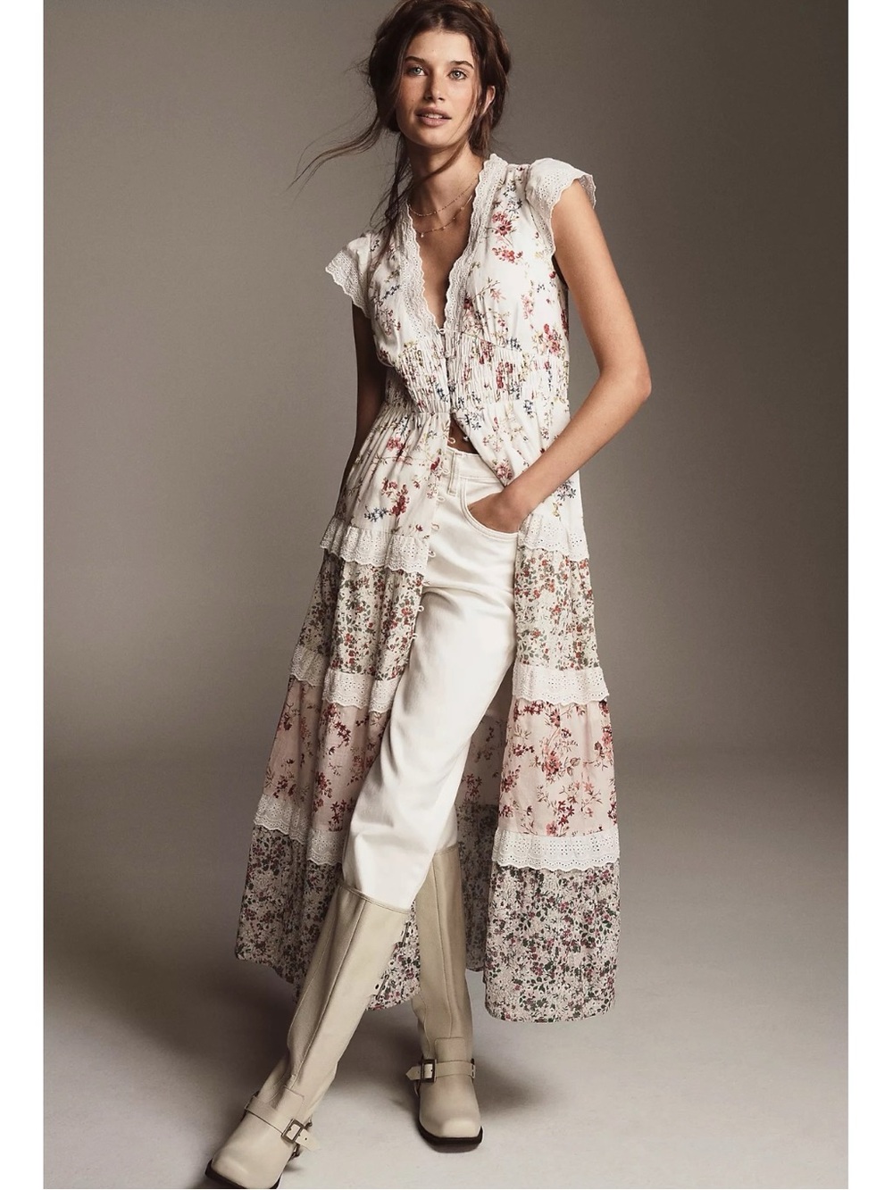 Anthropologie Peregrine Tiered Deco Midi Dress Cottage Eyelet Lace Floral XL NWT